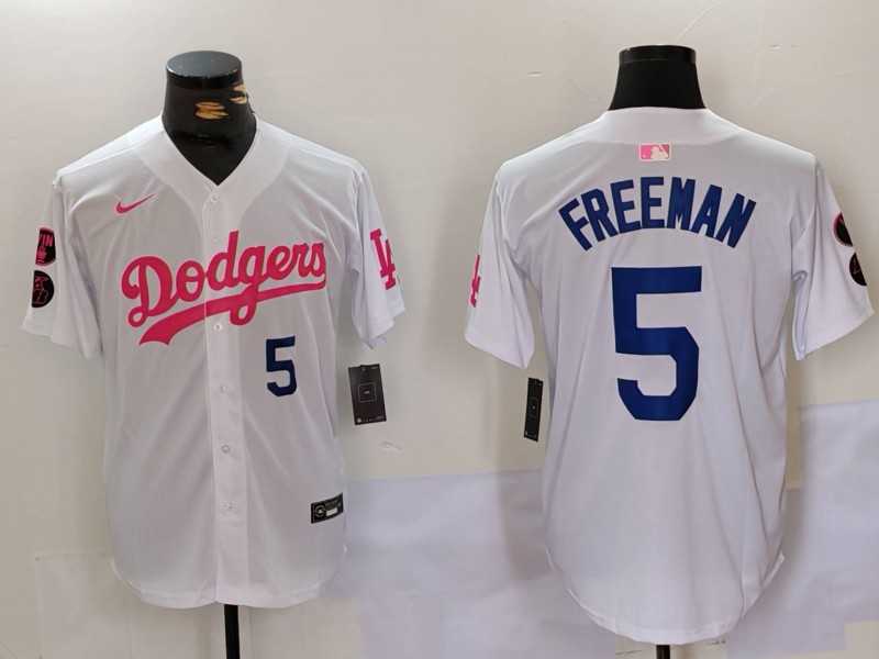 Mens Los Angeles Dodgers #5 Freddie Freeman White Pink Vin & Kobe Patch Stitched Baseball Jersey1